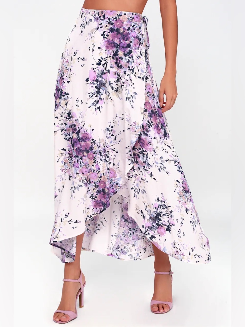 Lulu's  Right by Your Side Blush Pink Floral Print Wrap Midi Skirt  lightweight